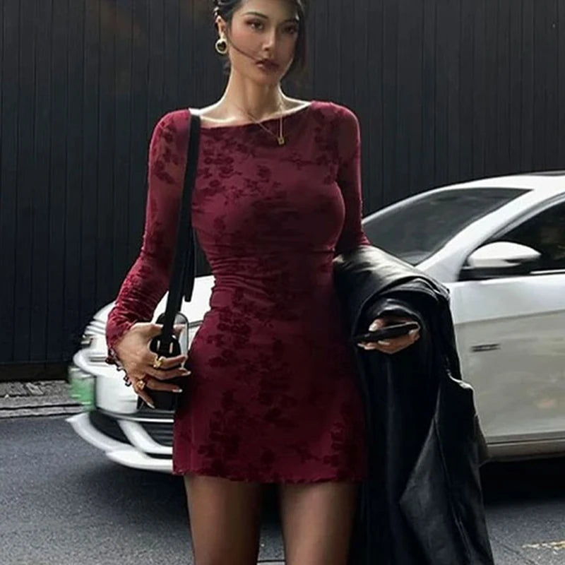 Wine Red Sexy Dresses Women Autumn New O-Neck Streetwear Fashion Print Long Sleeves Dresses Lady Knitted Pullover Clothing Dress