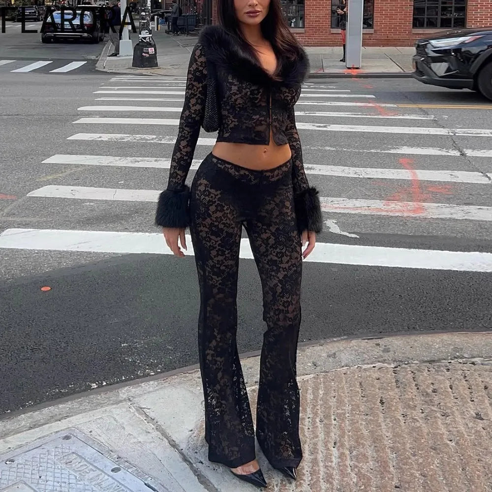 FLARORA Sexy Lace Fur Patchwork 2 Pcs Sets Woman Jacquard