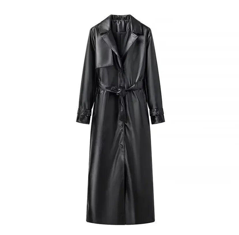Women Faux Leather Coats Mid Length Jackets Solid Belt