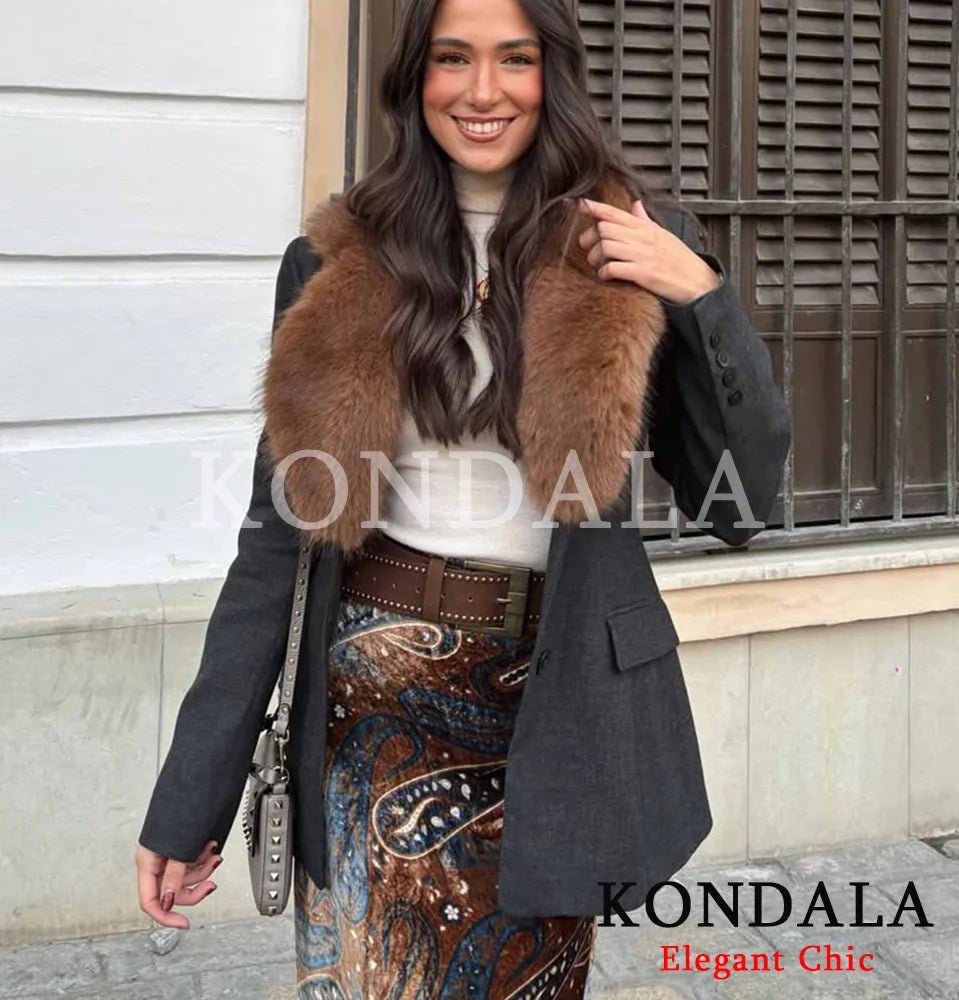 KONDALA Vintage Faux Fur Collar Slim Blazer Women's Elegant Slim Jacket