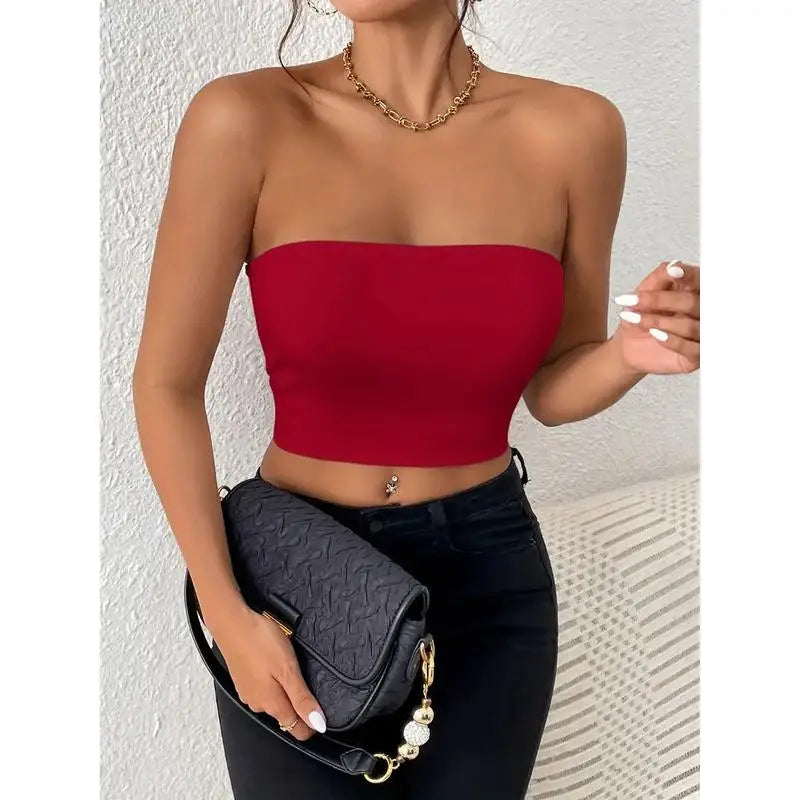 Sexy Crop Top Strap Vest 2025 Trendy Cross-Border Outerwear Women's Wrap Chest Tank Top ort Pure Color Other 00% Material