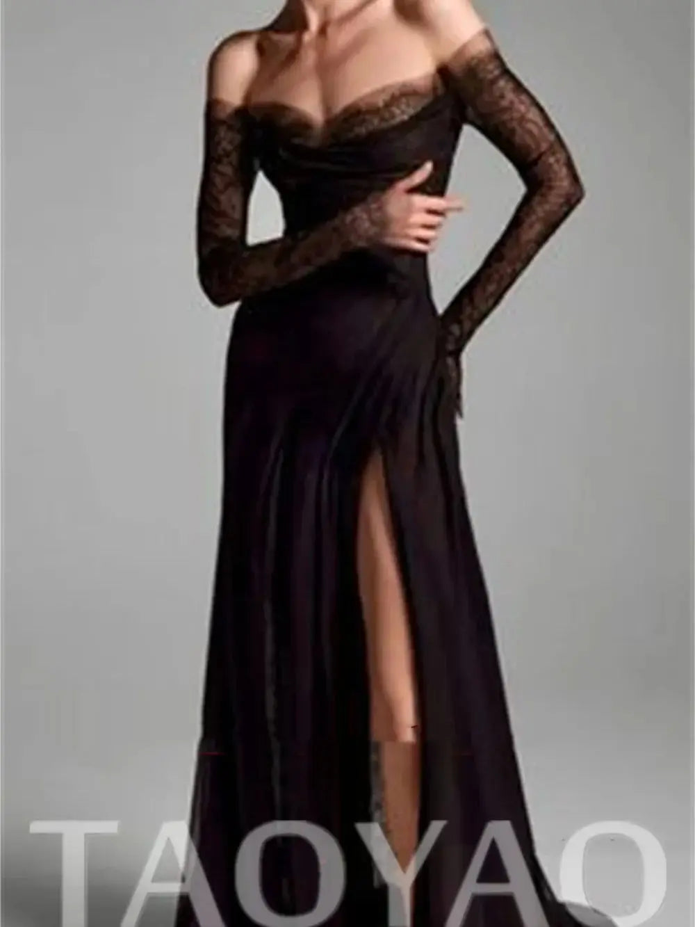 Sexy Black Prom Dresses Off Shoulder Lace Long Sleeves Wedding Party Gowns Illusion A-Line Sweetheart Side Slit Customized