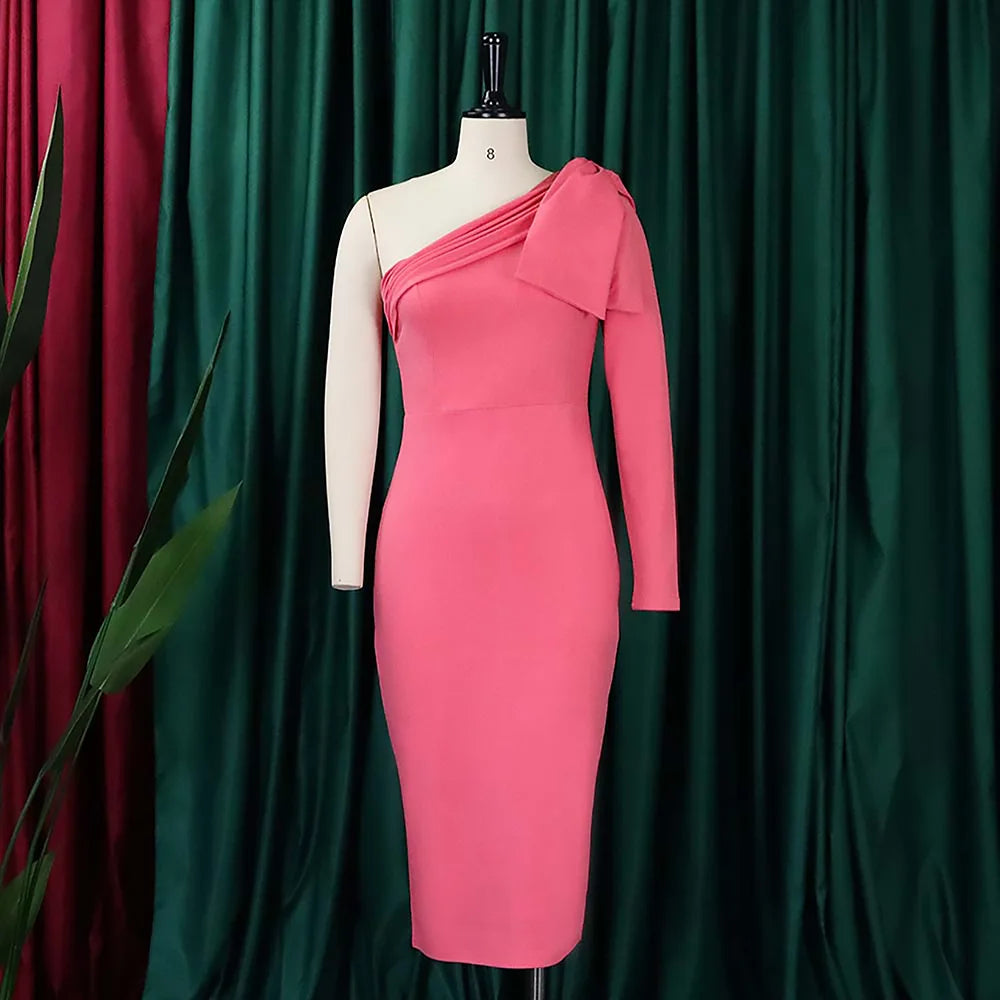 Sexy Bodycon Dresses for Women One Shoulder Full Sleeve Sheath Package Hips Mid Calf Elegant Birthday Party Dinner Vestidos Robe