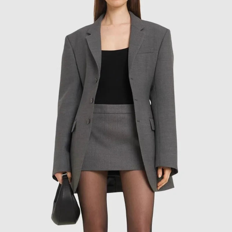 KWTX 2025 Grey Slim Fit Blazer Women's Stylish 3-Button Tapered Waist Spring Summer Light Jacket Office Chic Coat