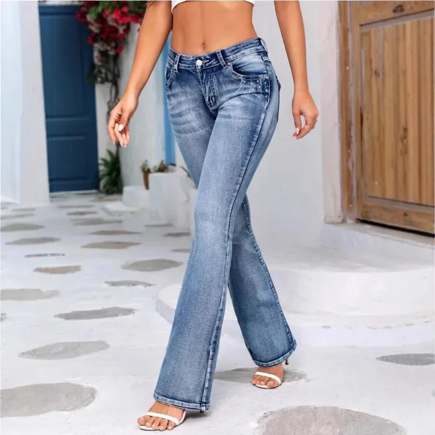 Embroidered Wide Leg Denim Trousers
