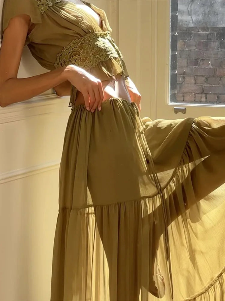 Women's 2 Piece Set Bohemian Olive Green Deep V Lace Trim Cropped Top & Tiered Maxi Skirt Beach Vacation Casual Elegant Outfit