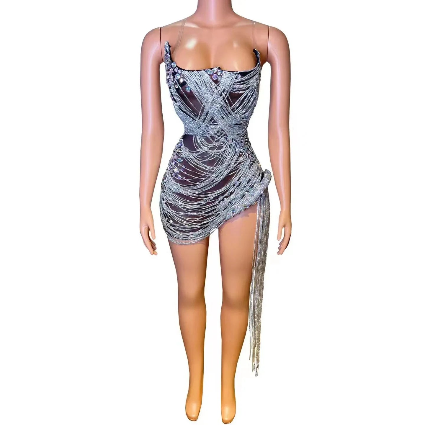 Women Celebrate Birthday Evening Dress Prom Outfit Sexy See Through Show Stage Wear STOCK Rhinestones Chains Crystals Dress