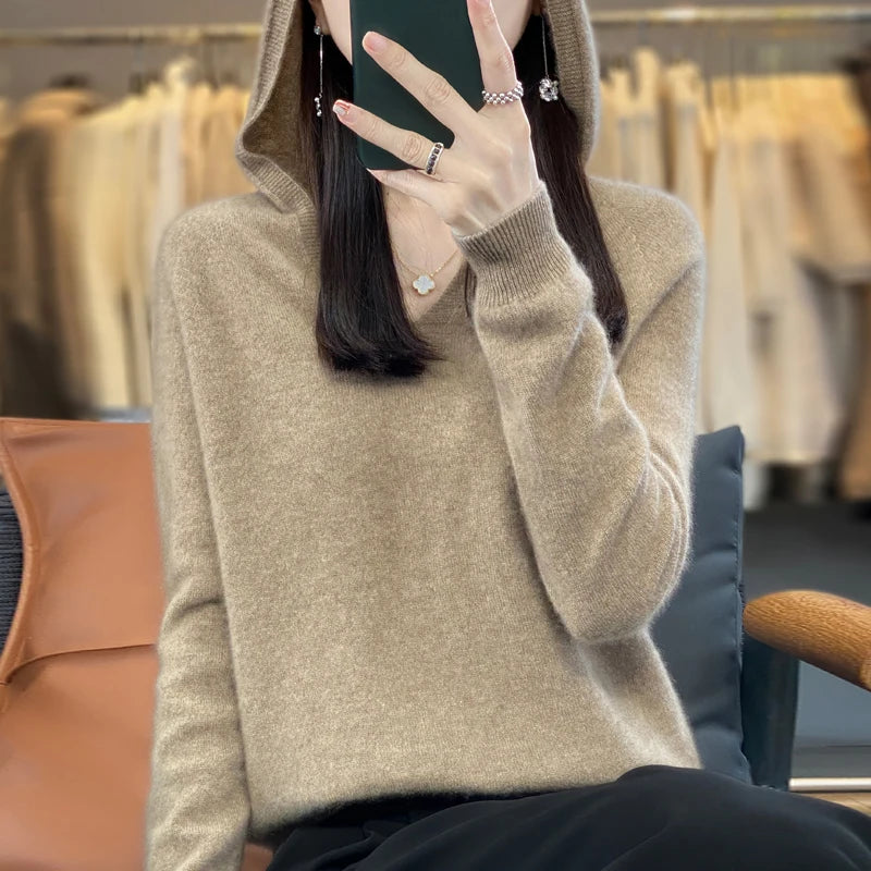 100% Merino Wool V-Neck Hoodie for Women