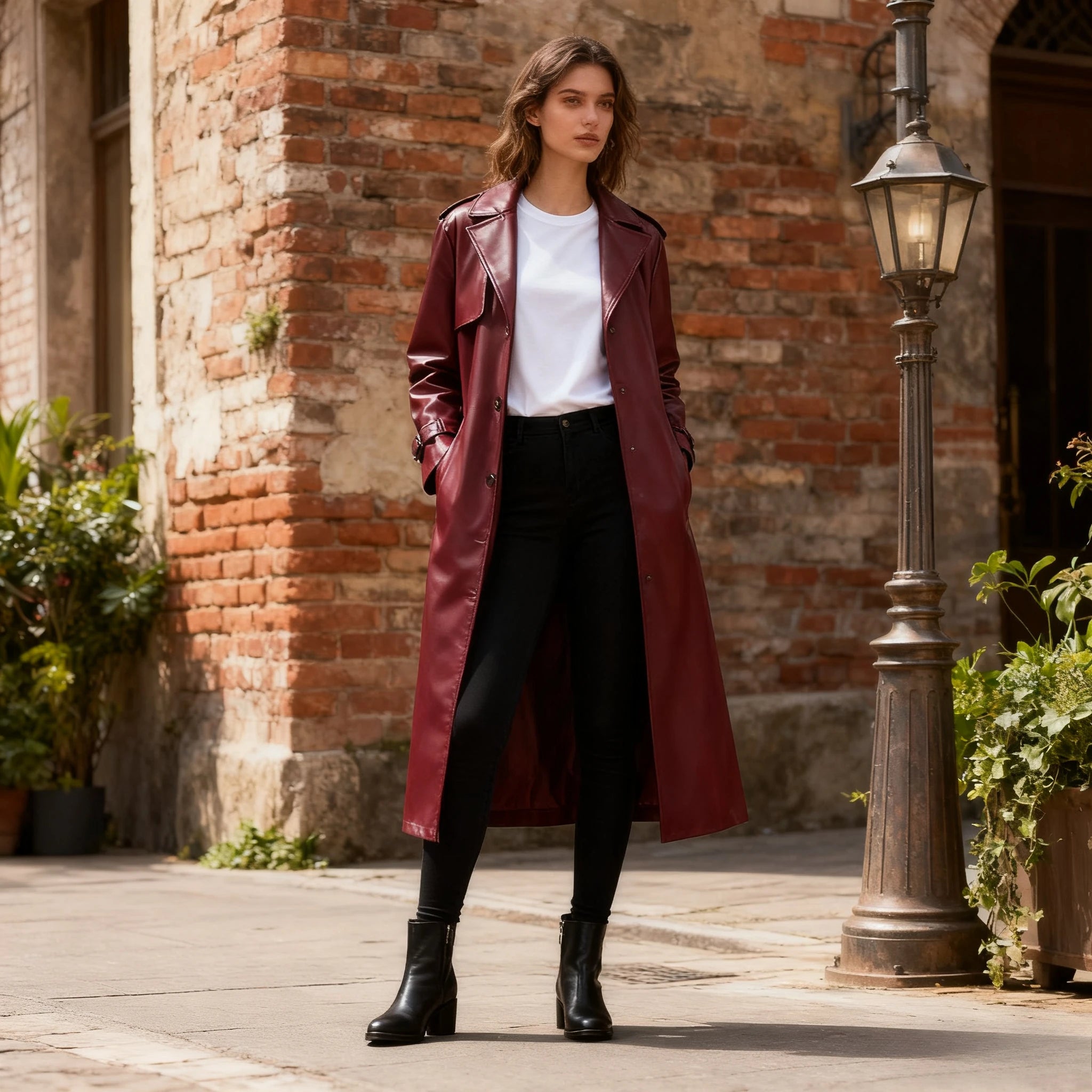 Women Faux Leather Coats Mid Length Jackets Solid Belt Turn Down Collar Long Sleeves Single Breasted Casual 2025 Autumn Winter