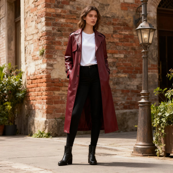 Women Faux Leather Coats Mid Length Jackets Solid Belt Turn Down Collar Long Sleeves Single Breasted Casual 2025 Autumn Winter