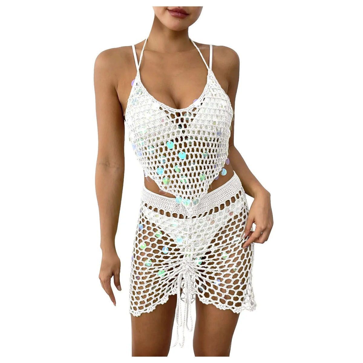 Beach Cover Up 2pcs Sexy Women Shiny Sequin Hollow Out Knitted Tank Tops