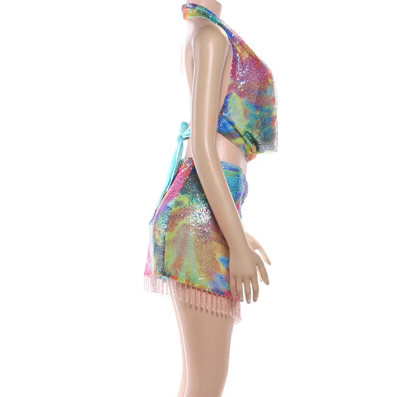 Spring 2026 Women's Fashion Sequined Halter Top Tassel Strap