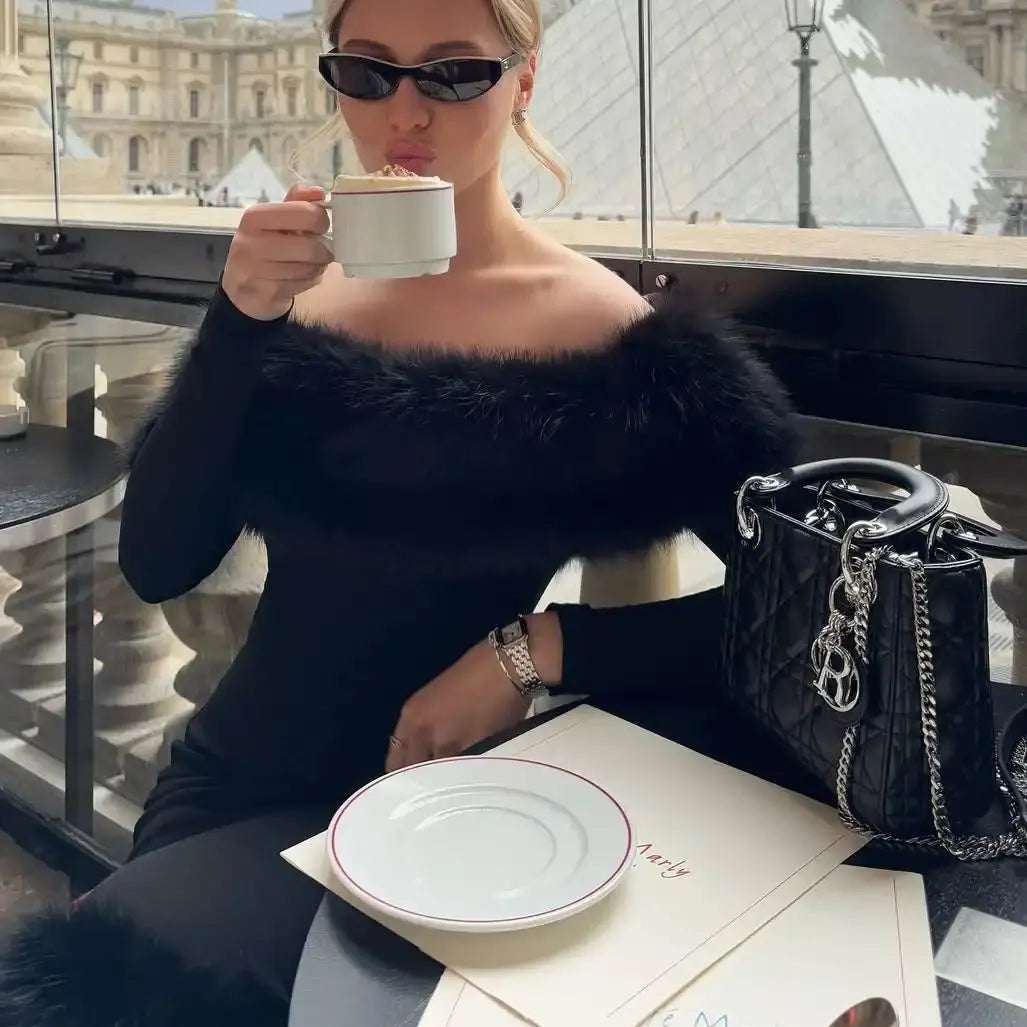 Ofherown Elegant Off Shoulder Black Midi Evening Dress