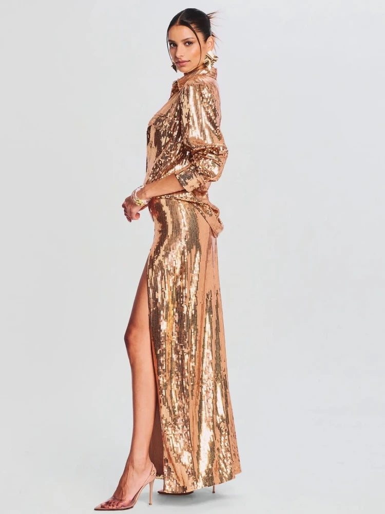 Autumn Women Sequins Two Piece Set Sexy Gold Long Sleeve