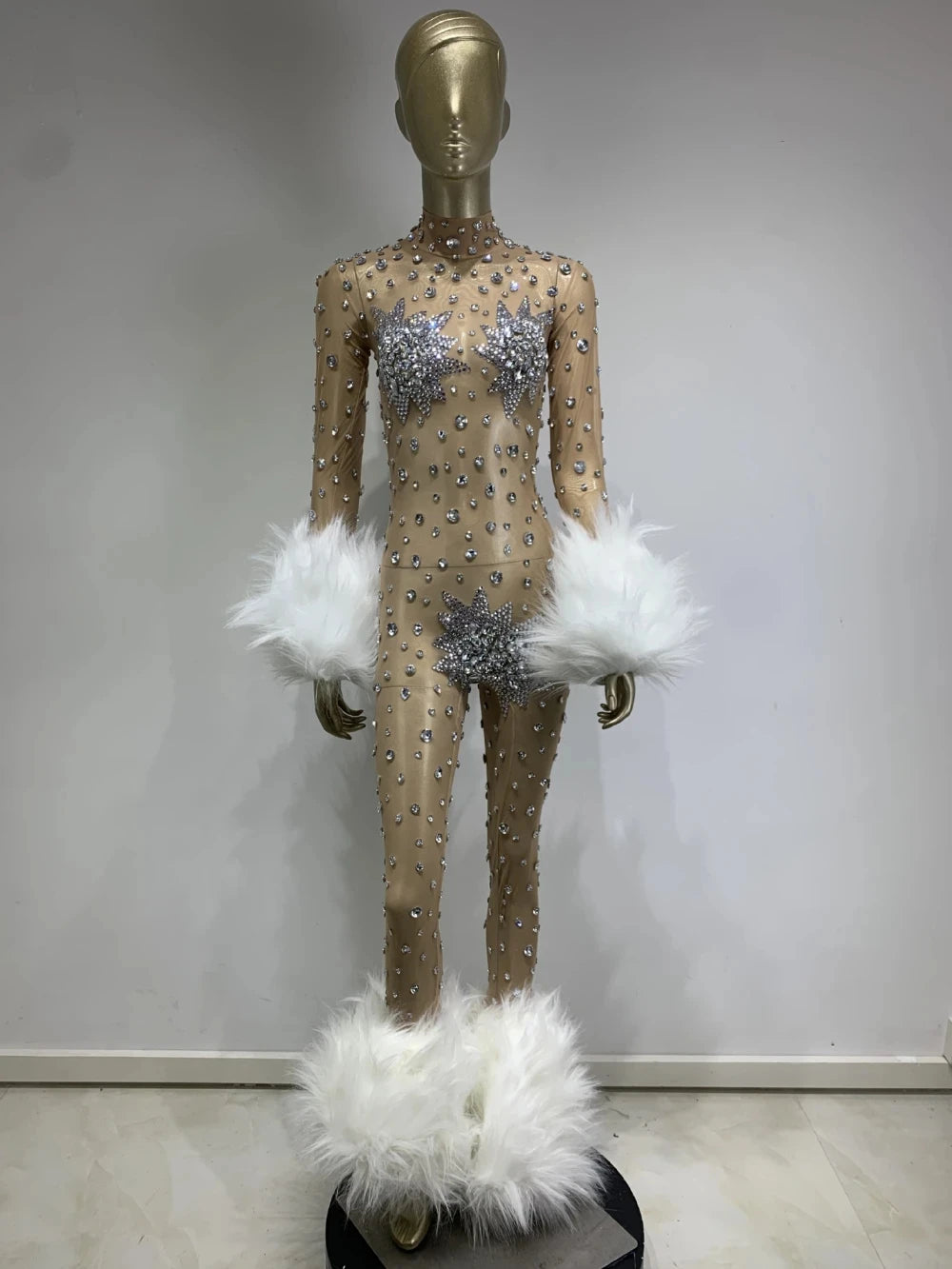 Luxury Rhinestone Feather Stretch Jumpsuit Nightclub Performance Dancer Stage Costume Sexy Mesh Long Sleeve Women's Outfit