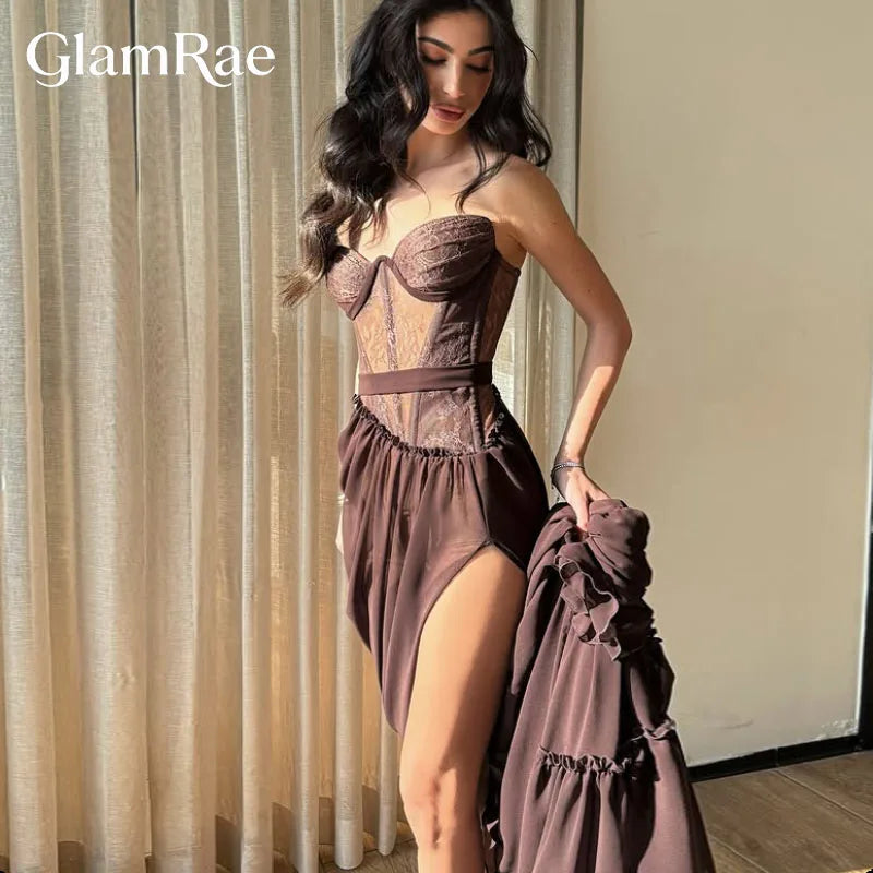 GlamRae  Customized Elegant Brown Lace Women's Formal Evening Gowns