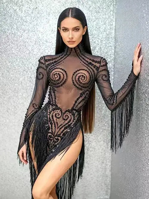 Sparkly Rhinestones Tassels Birthday Celebrate Evening Dress