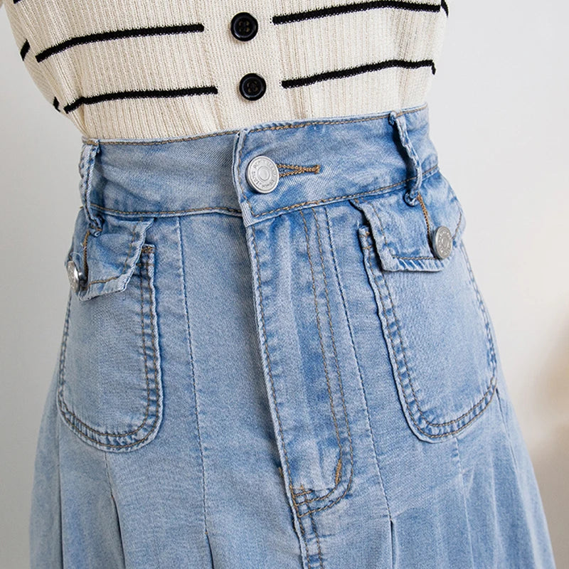 Plus Size Denim A-Line Pleated Skirt