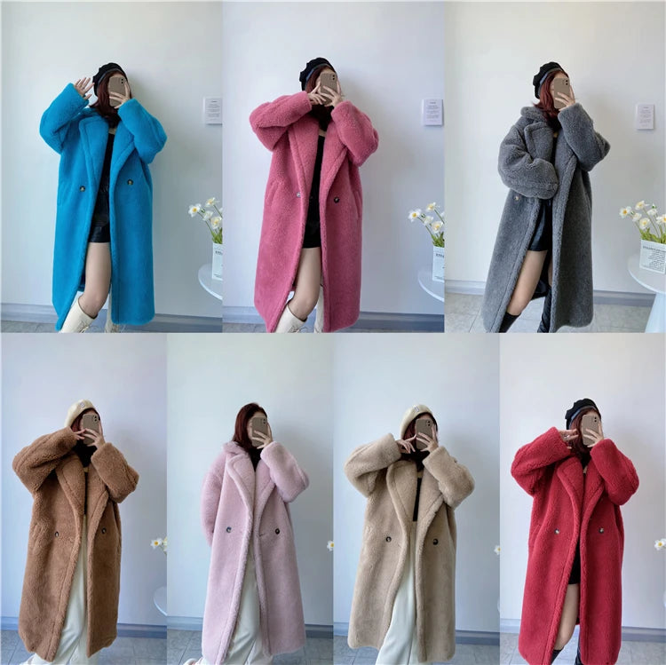Winter Jacket Women Long Coat  Wool Woven Fabric Thick Warm