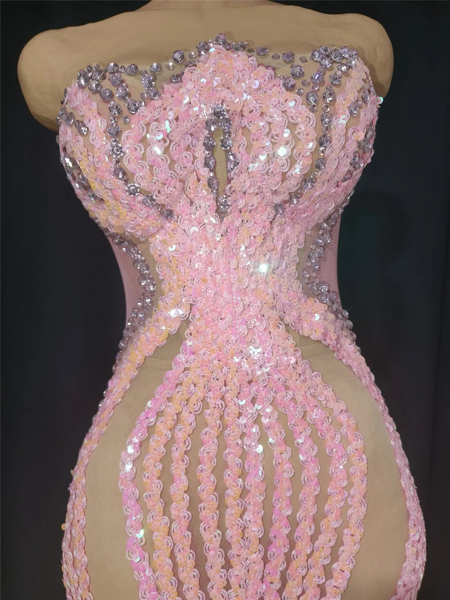 Women Luxury Pink Glitter Rhinestones Sequines Transparent Maxi Long Fairy Dress