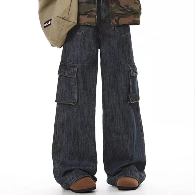 Korean Retro Men'S Loose Wide Leg Jeans High Street Straight Leg Pants Casual Jeans Multi Pocket Work Pants