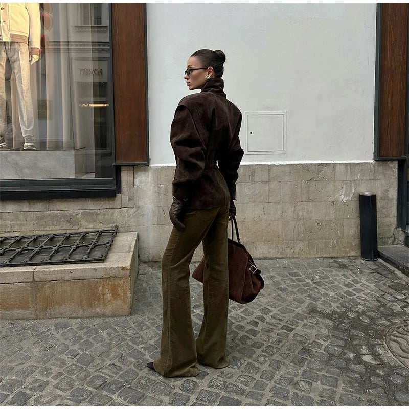 Brown Single Breasted Suede Jacket Women's Fashion