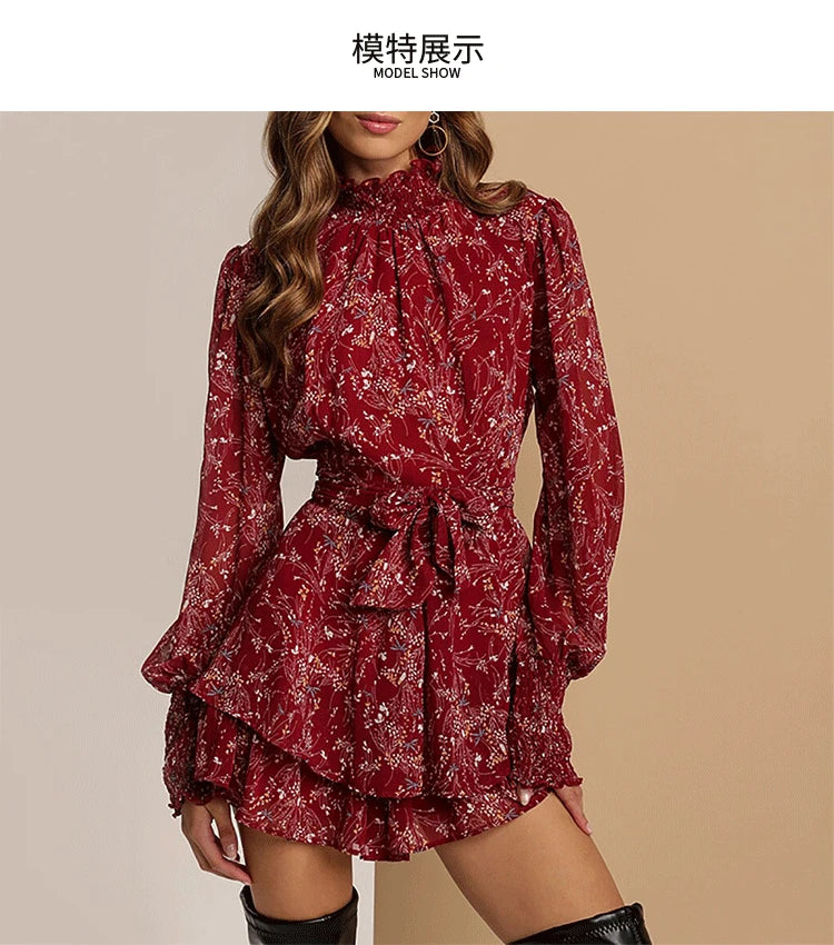Chiffon Ruffles Floral Print Dresses