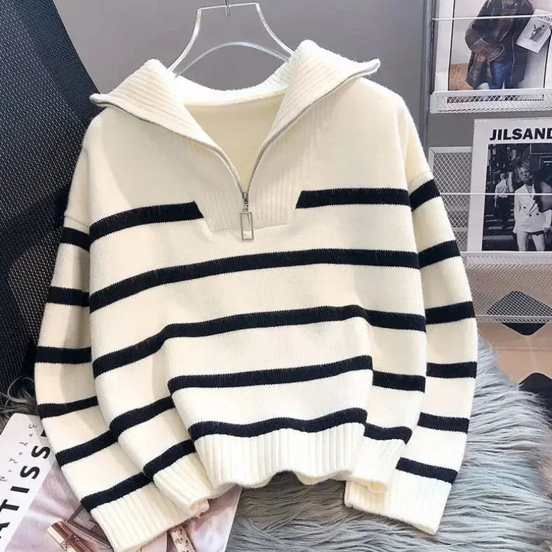 Spring & Autumn Zipper Stripe Sweater for Women