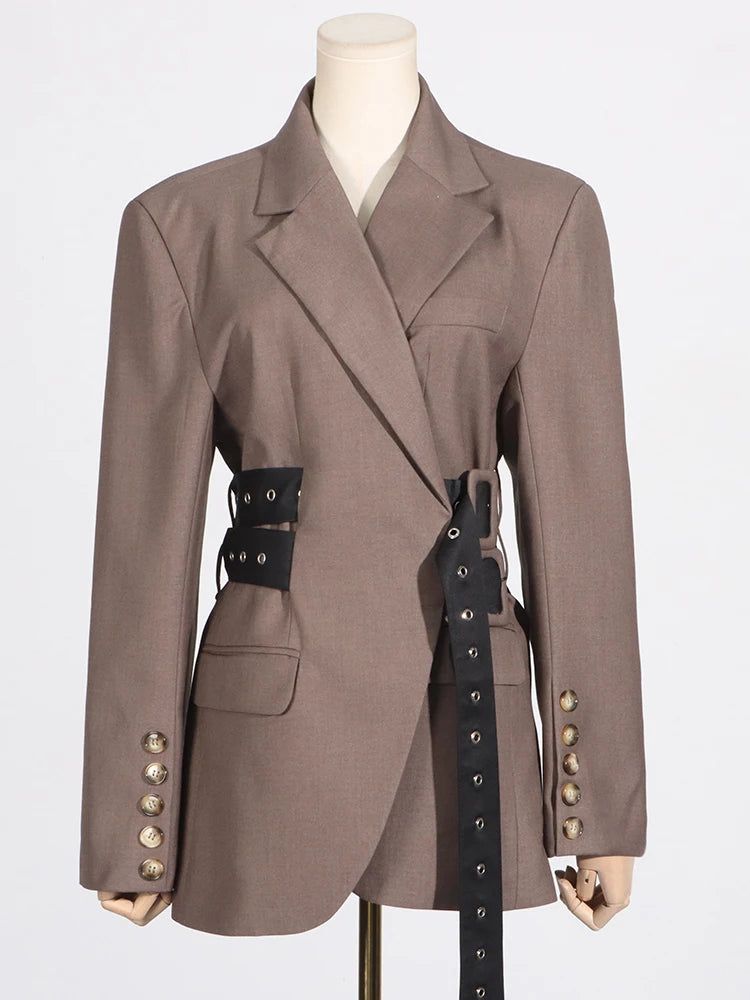 VGH Fashion Patchwork Belts Blazers For Women Notched Collar Long Sleeve Hit Color Casual Temperament Blazer Female Fashion New