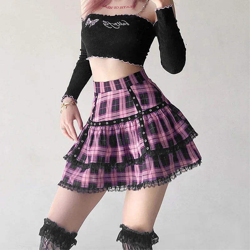 Gothic Lace Ruffle Mini Skirt for Women