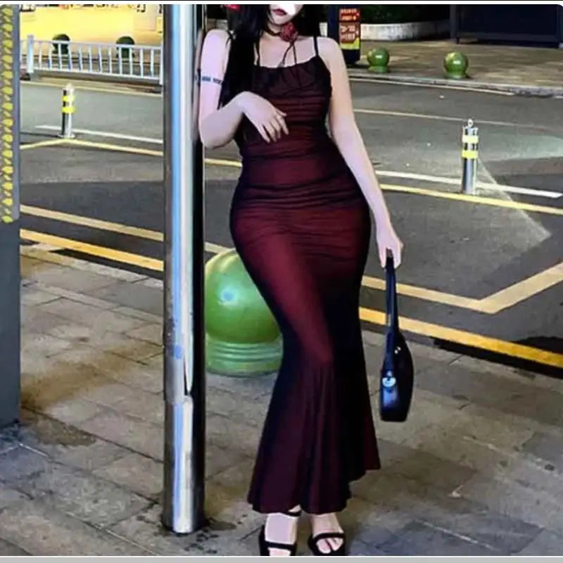 Sexy Luxury Woman Evening Dress Red Mesh Gothic Elegant Party Bodycon Dresses Maxi Dress Chic Female Night Club Outfits