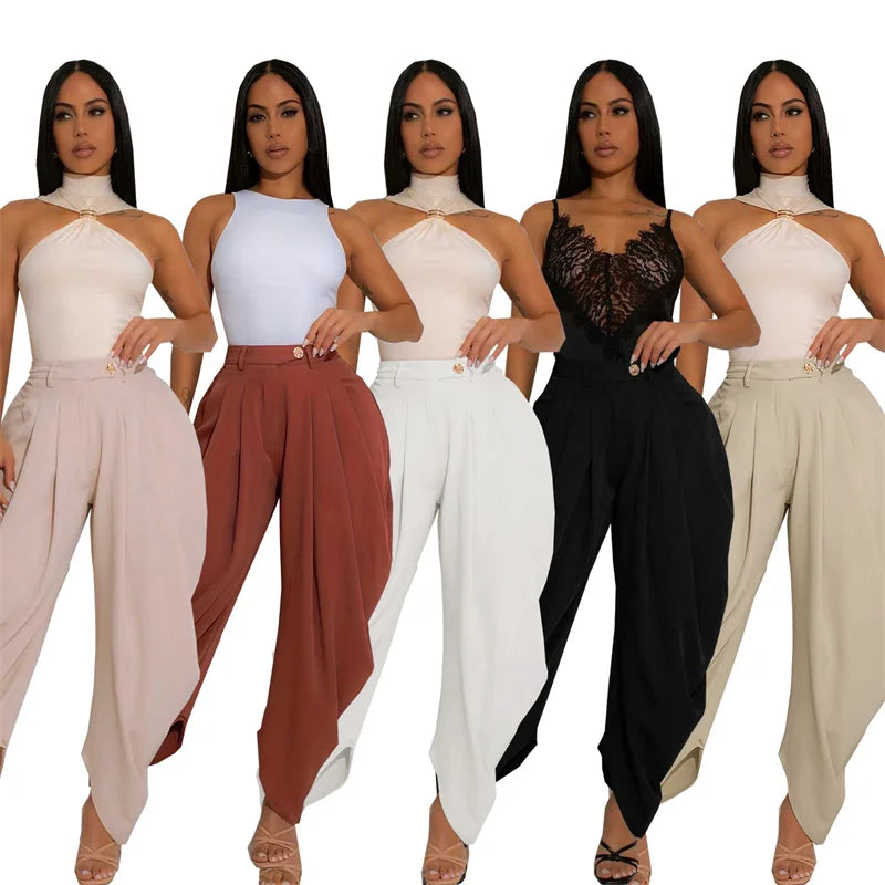 Doyerl Solid Elegant Pants for Woman Clothing Vintage High Waist Button Fly Pleated Ankle-length Ladies Trousers Pantalon Femme