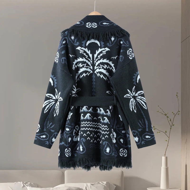 Geometric Jacquard Fringe Belted Waist