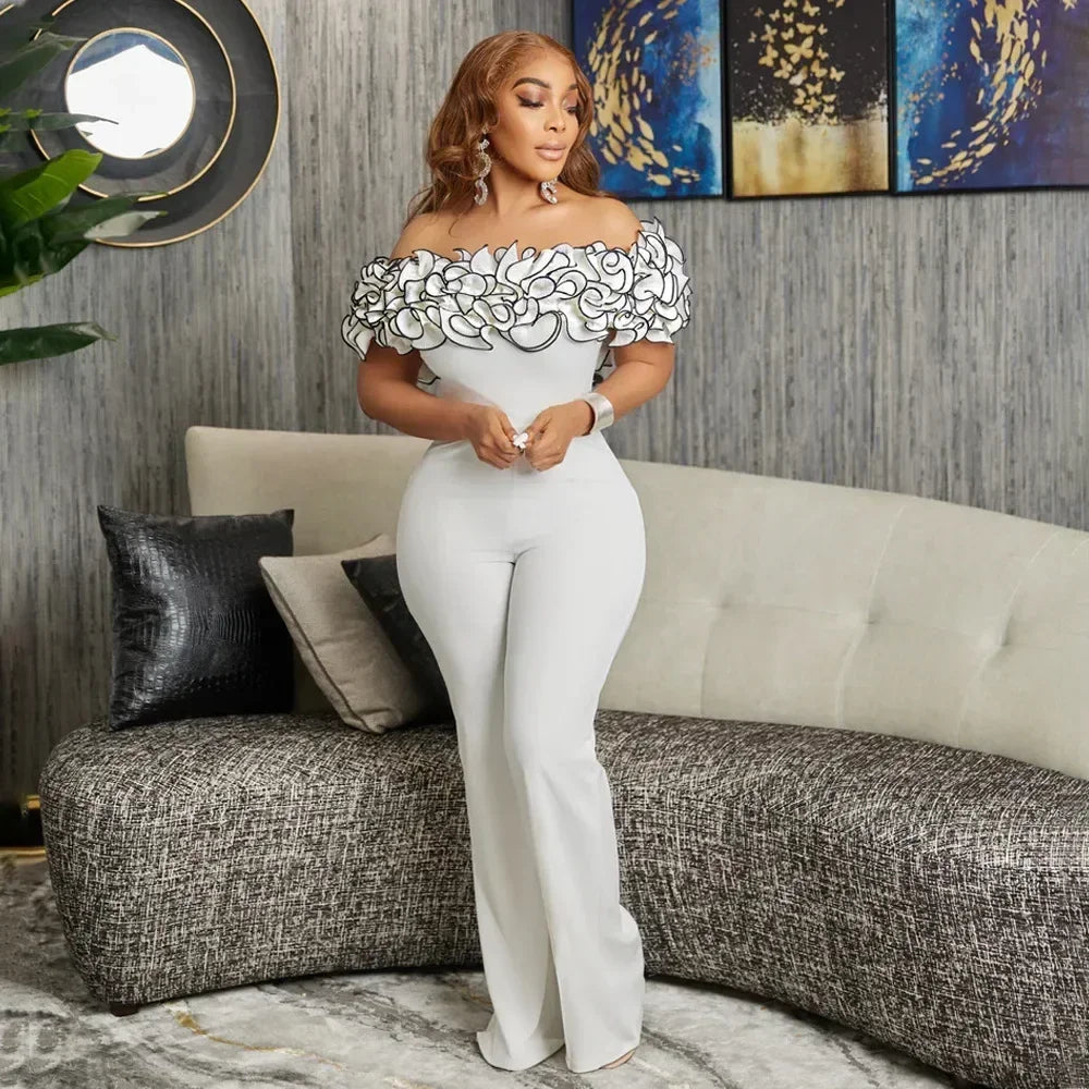 Women Strapless Sleeveless Short Sleeve Jumpsuits Sexy Slash Neck Ruffles Leaf Bodycon Jumpsuit Overall Pants