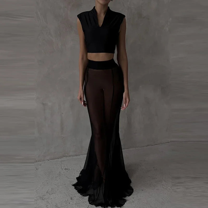 Ladies Fashion Solid Long Sleeve Blazer +Mermaid Skirts Suit 2025 Women Transparent Mesh Two Piece Set Elegant Banquet Outfits