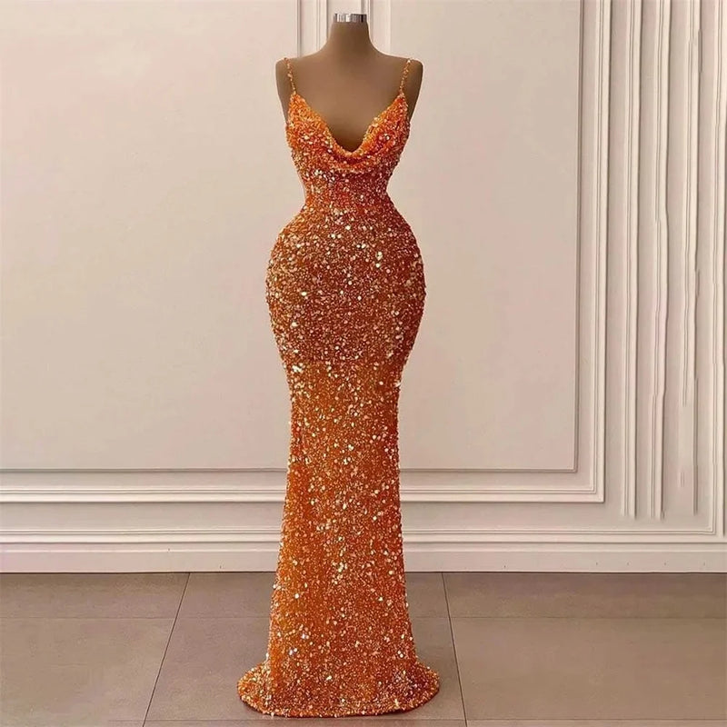 Sexy Spaghetti Straps Long Evening Dresses Luxury Sparkly Sequin