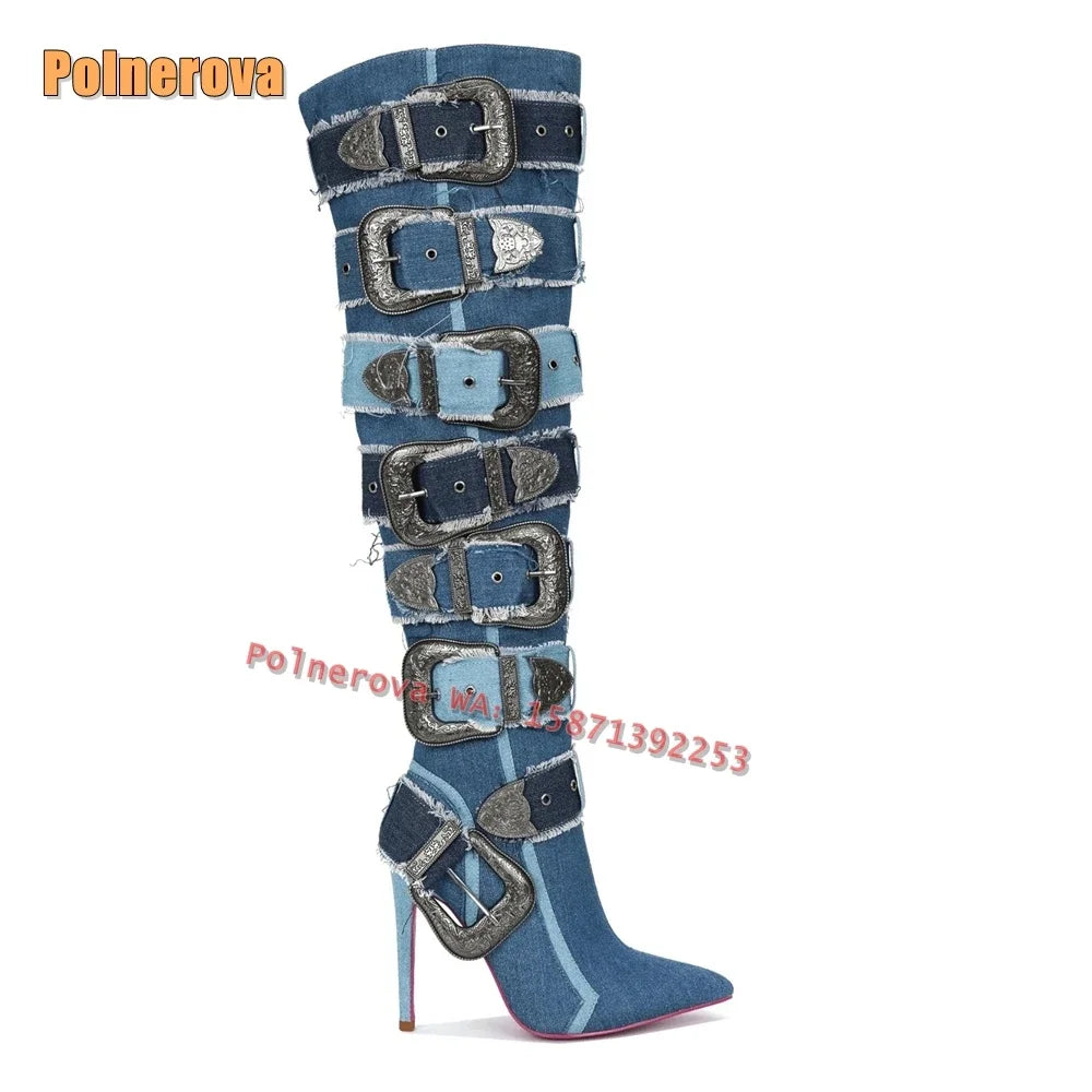Metal Belt Buckle Canvas Fashion Boots Pointed Toe