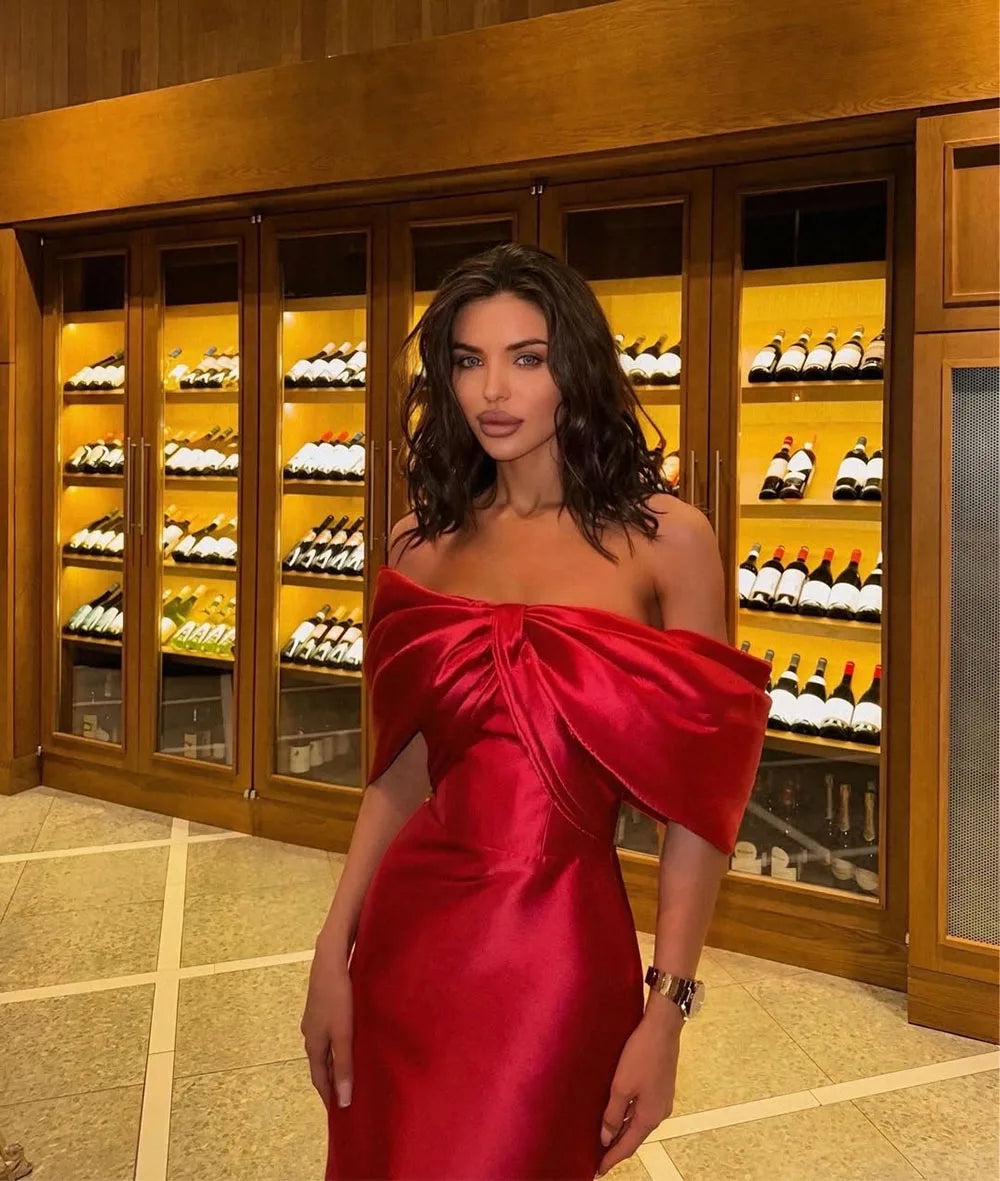 Elegant Satin Red Evening Dress With Bow 2025 Off Shoulder Birthday Dress Women Night Club Formal Evens Parties Dress