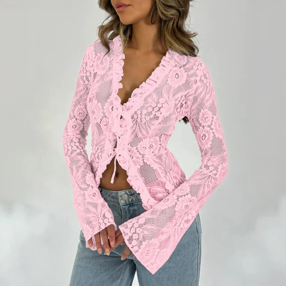 Spring Summer Sexy Slim Fit Long Sleeved Women Lace
