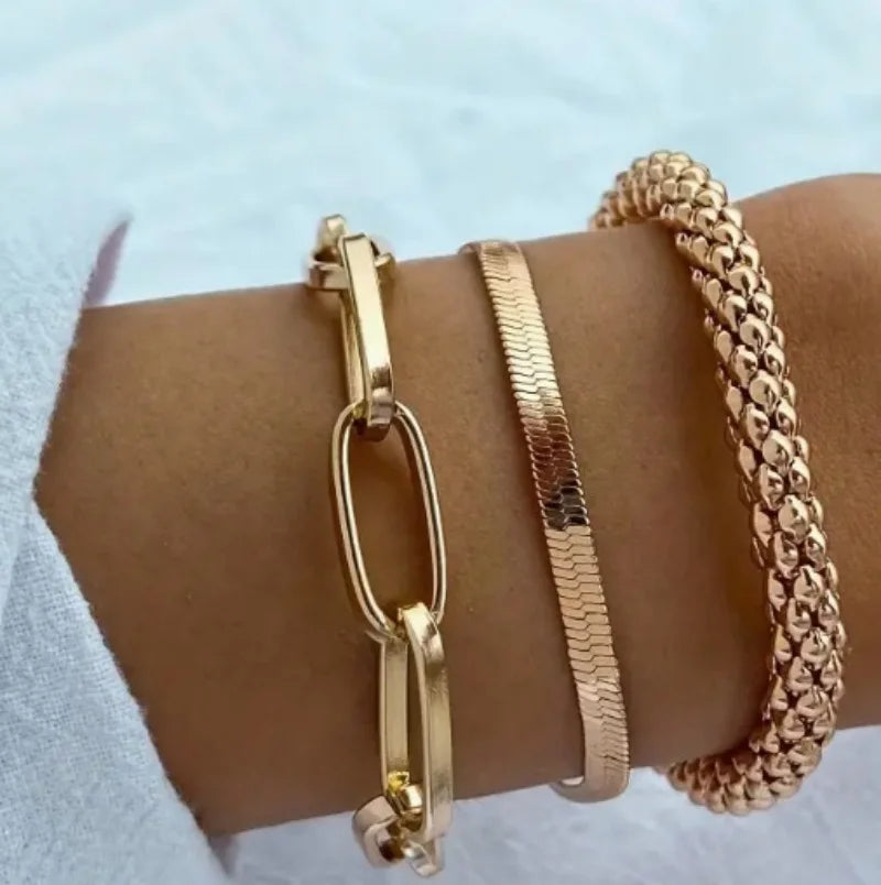 3Pcs Gold Plated Snake Bone Popcorn Chain Bracelet Set