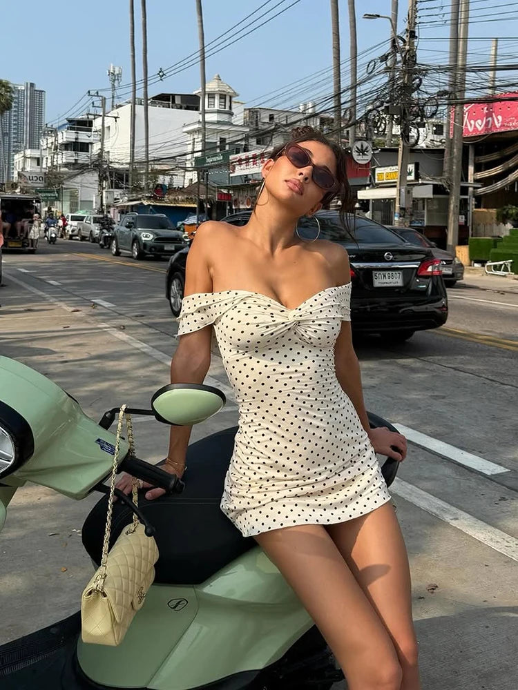 Whatiwear Sexy Trend Dress Women Polka Dot Print Slash Neck
