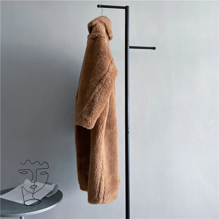 Winter Jacket Women Long Coat  Wool Woven Fabric Thick Warm