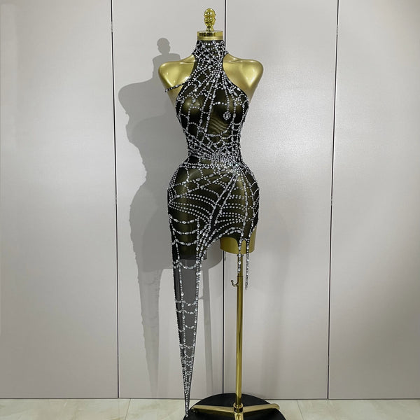 STOCK Sparkly Diamond Sexy Mesh Asymmetric Bodycon Mini Dress