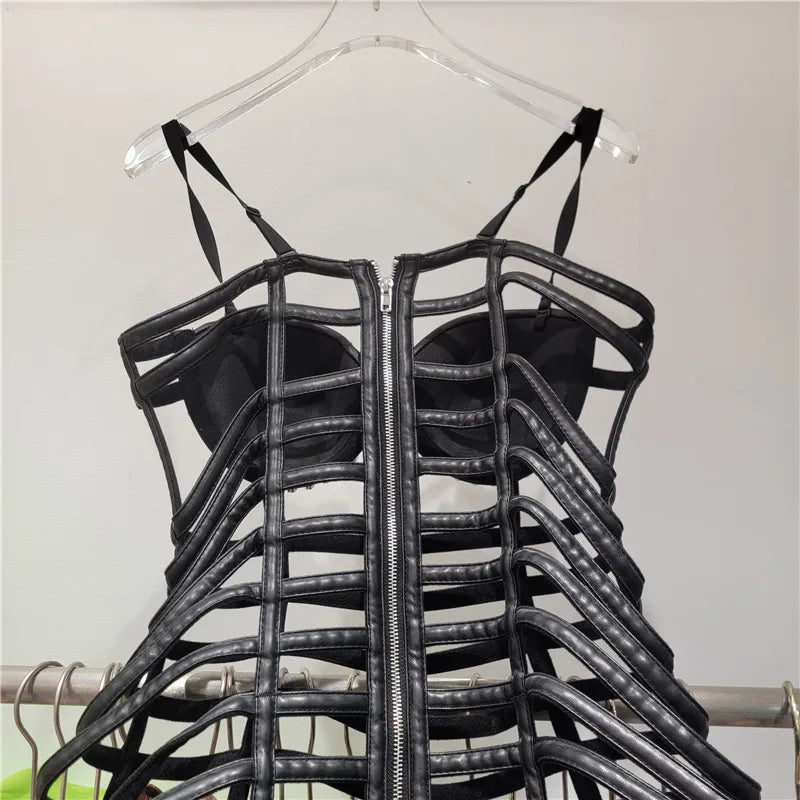 HKSH Women Ins Sexy PU Leather Dress Strap Studded Diamonds