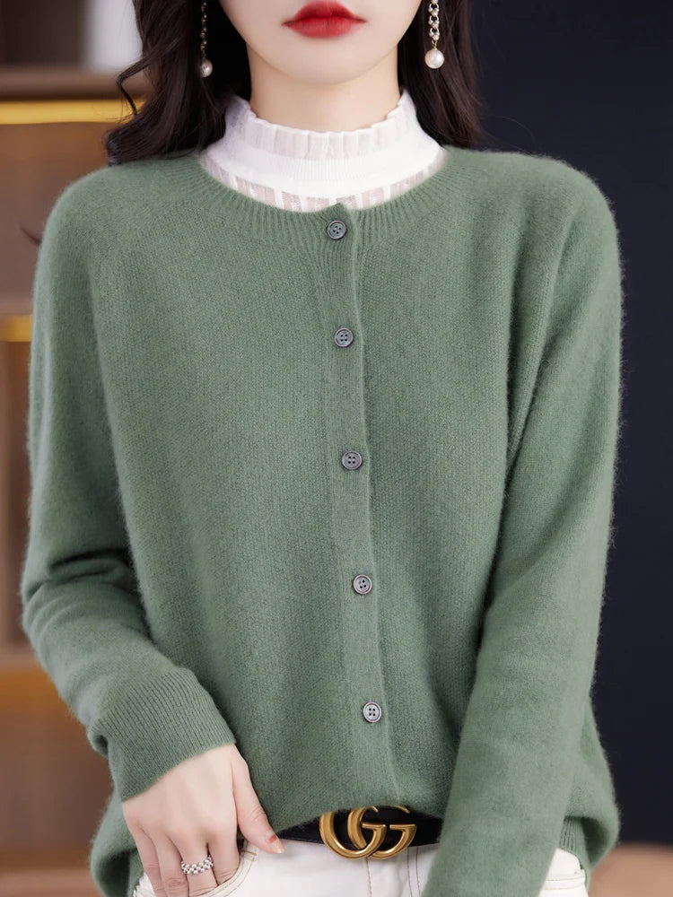 Chic Women's O-Neck Merino Wool Cardigan
