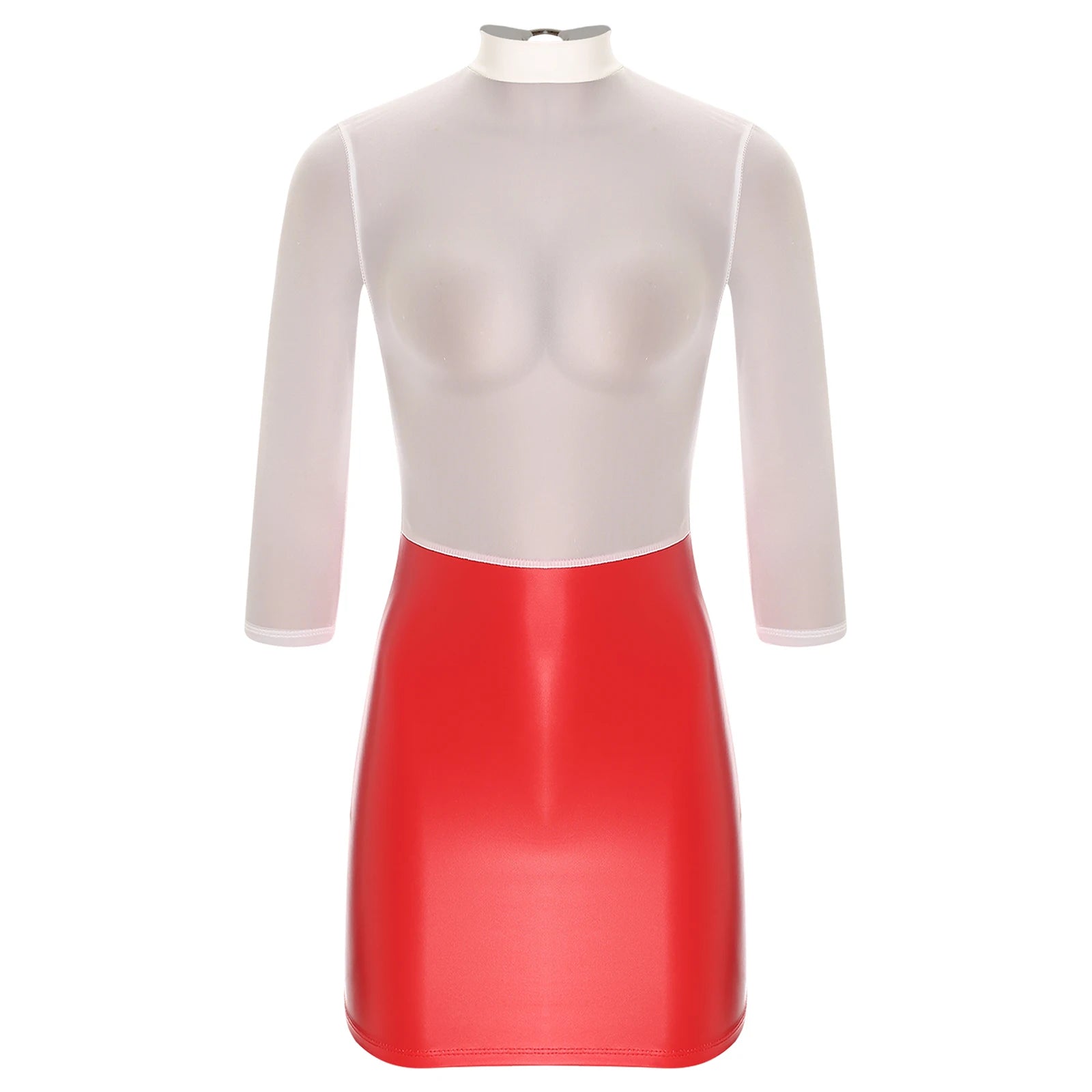 Womens Sexy Bodycon Dress 3/4 Sleeve See-through Bodice Glossy PU Leather Skirt Reversible Dress for Nightclub Party Clubwear
