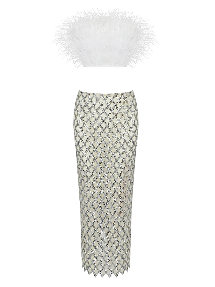 Sexy Luxury Sequins Feather Strapless Top+ Skirt Two Piece Set
