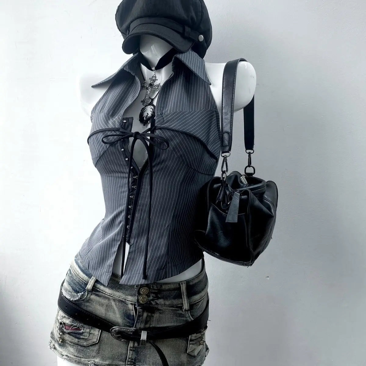 Vintage T-shirt Streetwear 90s Slim Sexy Goth Y2k Clothes Aesthetic Harajuku High Street Stripe Laceup Summer Fashion Grunge Tee