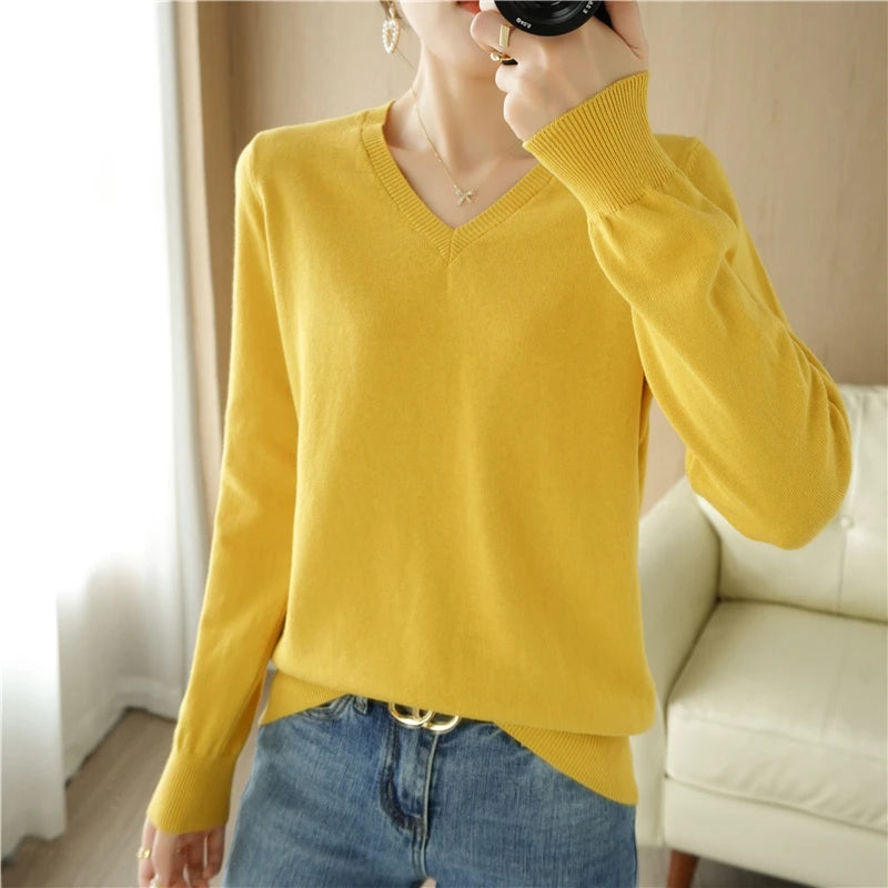 Peach V-Neck Knitted Sweater for Women