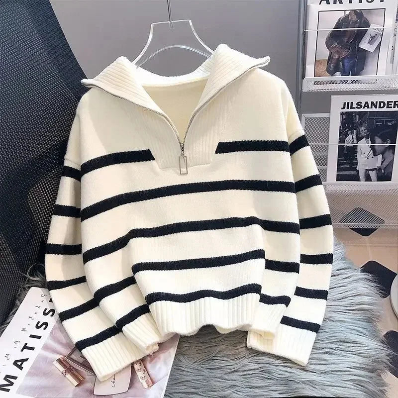 Spring & Autumn Zipper Stripe Sweater for Women